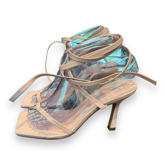 MARC FISHER Womens Beige Dominic Square Toe Stiletto Leather Thong Sandals 6M - Picture 1 of 8